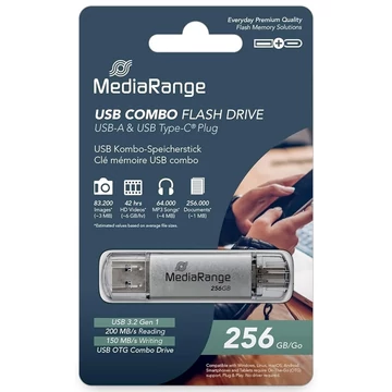 MEDIARANGE COMBO USB 3.2/TYPE-C PENDRIVE 256GB EZÜST [200/150MB/S]