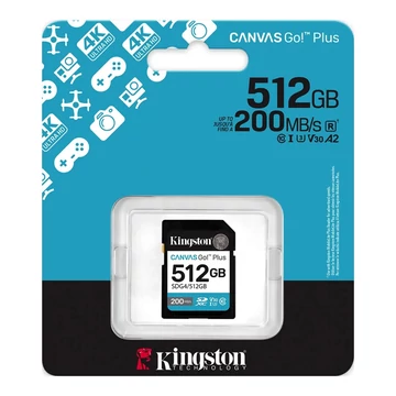 KINGSTON CANVAS GO PLUS (2025) SDXC 512GB CLASS 10 UHS-I U3 V30 (200 MB/s olvasási sebesség)