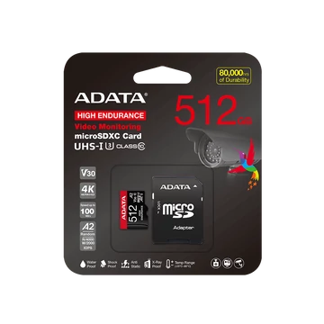 ADATA HIGH ENDURANCE MICRO SDXC 512GB + ADAPTER CLASS 10 UHS-I U3 A2 V30 (100/85 MB/s SEBESSÉG)