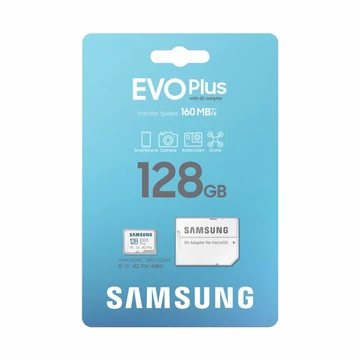 SAMSUNG EVO PLUS (2024) MICRO SDXC 128GB + ADAPTER CLASS 10 UHS-I U3 A2 V30 (160 MB/s OLVASÁSI SEBESSÉG)