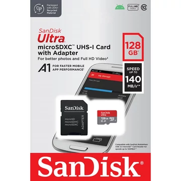 SANDISK ULTRA MICRO SDXC 128GB + ADAPTER CLASS 10 UHS-I U1 A1 140 MB/s