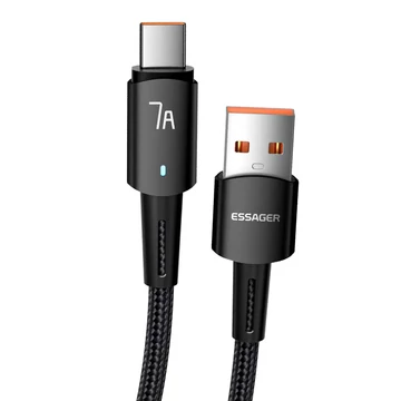 ESSAGER FONOTT SZÖVET USB-A/USB-C GYORS TÖLTŐ ÉS ADATKÁBEL QC 3.0 7A 80W 2m FEKETE