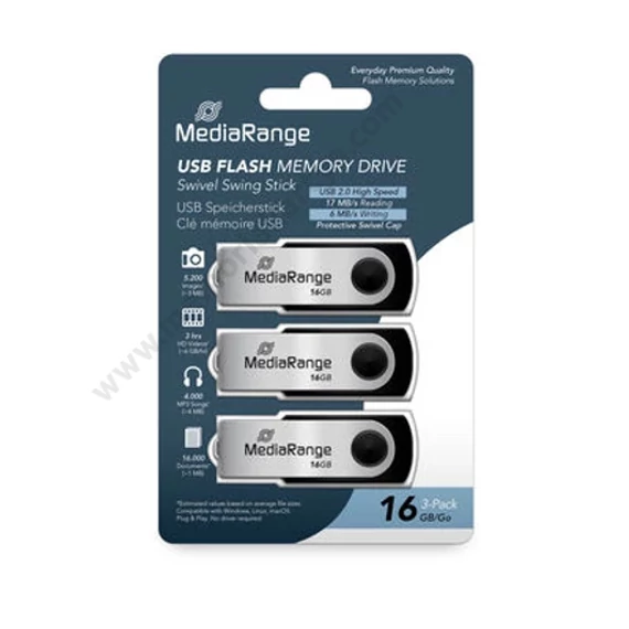 MEDIARANGE 3 PACK USB 2.0 PENDRIVE 16GB FEKETE/EZÜST
