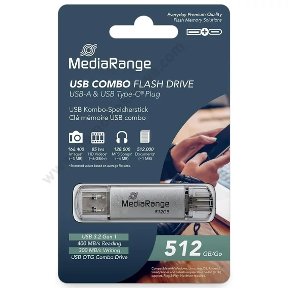 MEDIARANGE COMBO USB 3.2/TYPE-C PENDRIVE 512GB EZÜST [400/300MB/S]