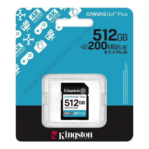 KINGSTON CANVAS GO PLUS (2025) SDXC 512GB CLASS 10 UHS-I U3 V30 (200 MB/s olvasási sebesség)