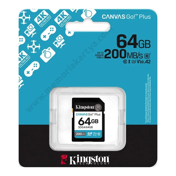 KINGSTON CANVAS GO PLUS (2025) SDXC 64GB CLASS 10 UHS-I U3 V30 (200 MB/s olvasási sebesség)