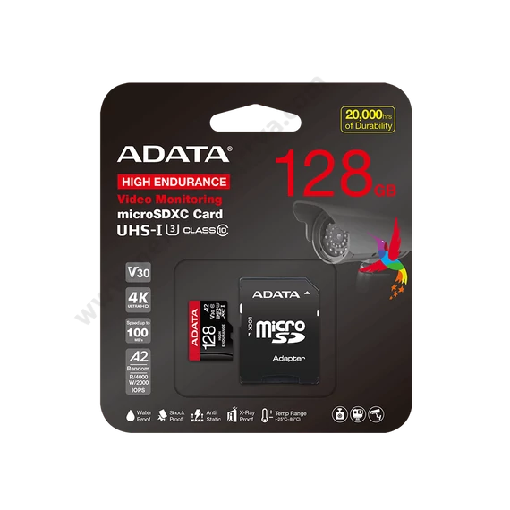 ADATA HIGH ENDURANCE MICRO SDXC 128GB + ADAPTER CLASS 10 UHS-I U3 A2 V30 (100/85 MB/s SEBESSÉG)