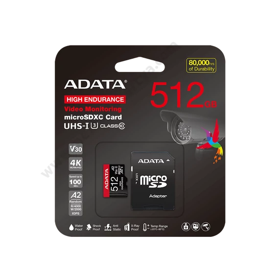 ADATA HIGH ENDURANCE MICRO SDXC 512GB + ADAPTER CLASS 10 UHS-I U3 A2 V30 (100/85 MB/s SEBESSÉG)