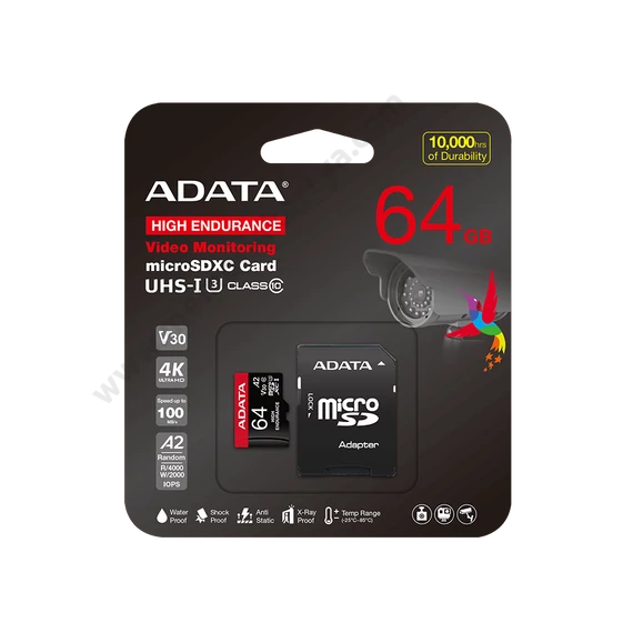 ADATA HIGH ENDURANCE MICRO SDXC 64GB + ADAPTER CLASS 10 UHS-I U3 A2 V30 (100/80 MB/s SEBESSÉG)