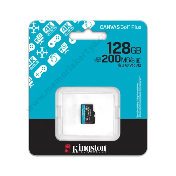 KINGSTON CANVAS GO PLUS (2025) MICRO SDXC 128GB CLASS 10 UHS-I U3 A2 V30 (200 MB/s olvasási sebesség)
