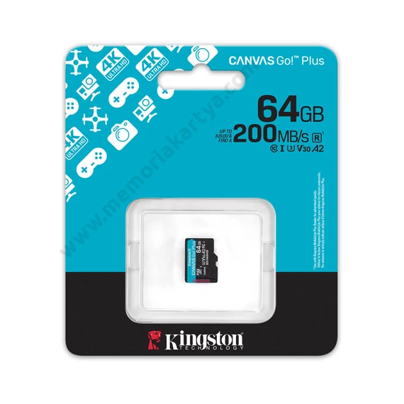 KINGSTON CANVAS GO PLUS (2025) MICRO SDXC 64GB CLASS 10 UHS-I U3 A2 V30 (200 MB/s olvasási sebesség)