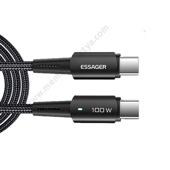 ESSAGER FONOTT SZÖVET USB-C/USB-C GYORSTÖLTŐ ADATKÁBEL PD 2.0 QC 2.0/3.0 MAX 20V / 5A 100W 1m FEKETE